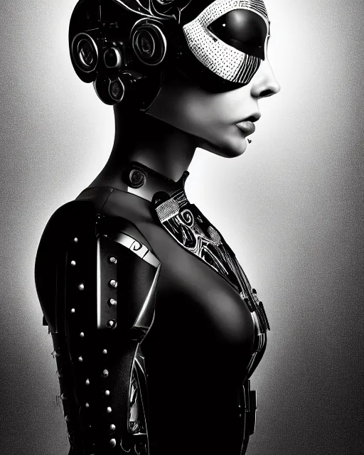 Image similar to a profile portrait, a stunning young woman - cyborg with a mutant crow head, editorial photography, bw, shot on 7 0 mm, depth of field, f / 2. 8, high contrast, 1 6 k, volumetric lighting, shiny, insanely detailed and intricate, hypermaximalist, elegant, ornate, hyper realistic, super detailed