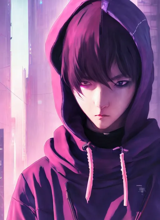 Image similar to cyberpunk anime girl in hoodie, 3 / 4 shot, street night, grafity, realistic face, beautiful face, grafity, arcane, action, tokyo street, detail, good face, pose model, concept art, in style of yoji shinkawa, pan ren wei, col price, atey ghailan, by greg rutkowski, aesthetic