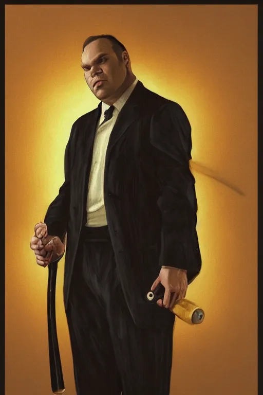 Prompt: a close-up portrait of Vincent D\'Onofrio in a dark suit holding a baseball bat, standing in lobby of office building, dramatic backlighting, golden hour, autochrome, high contrast, highly detailed, sharp focus, digital painting, concept art, illustration, filmpunk , trending on artstation, art by greg rutkowski and greg hildebrandt, composition by alphonse mucha