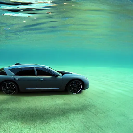 Image similar to hyperrealistic photo of a car underwater, 4 k, 8 k, thin film, full shot