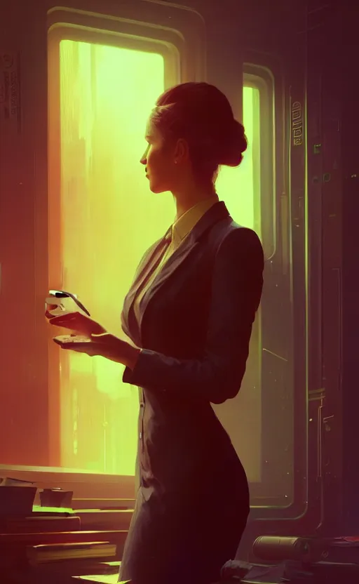 Prompt: Female in office dress, illustrated by Greg Rutkowski and Gaston Bussiere, 35mm lens, beautiful macro close-up imagery, vibrantly lush neon lighting, beautiful volumetric-lighting-style atmosphere, a futuristic atmosphere, intricate, detailed, photorealistic imagery, trending on artstation, 4k, 8k