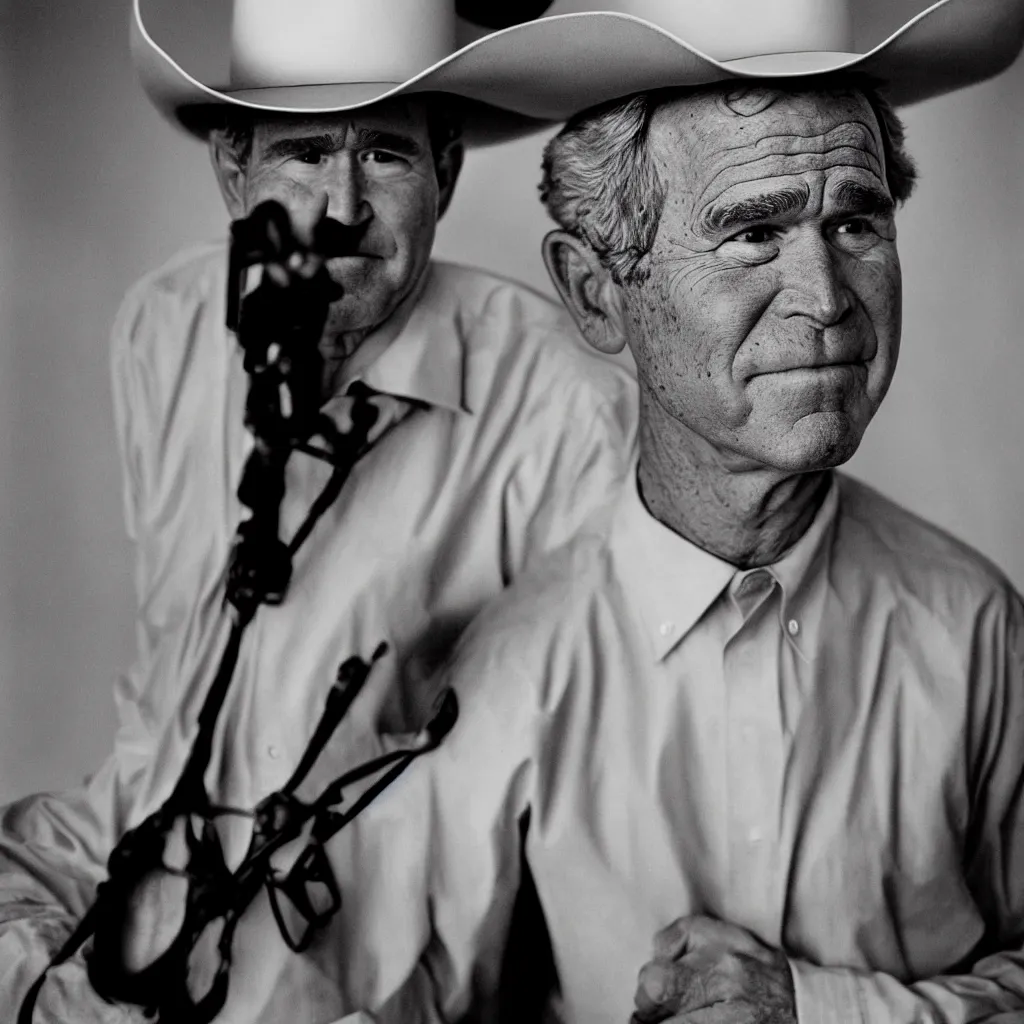 Prompt: An Alec Soth portrait photo of George W. Bush wearing a cowboy hat
