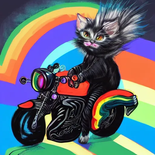 Image similar to wide angle full body, jacket wearing fluffy cute rainbow kitten wearing a black leather motorcycle jacket, riding on a motorcycle, cinematic concept art