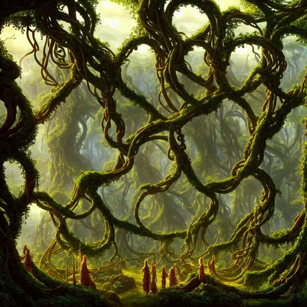 Image similar to a beautiful and highly detailed matte painting of an elven temple in a magical fantasy garden in a lush forest, ancient runes, knotted trees, tangled vines, intricate details, epic scale, insanely complex, 8 k, sharp focus, hyperrealism, very realistic, by caspar friedrich, albert bierstadt, james gurney, brian froud,