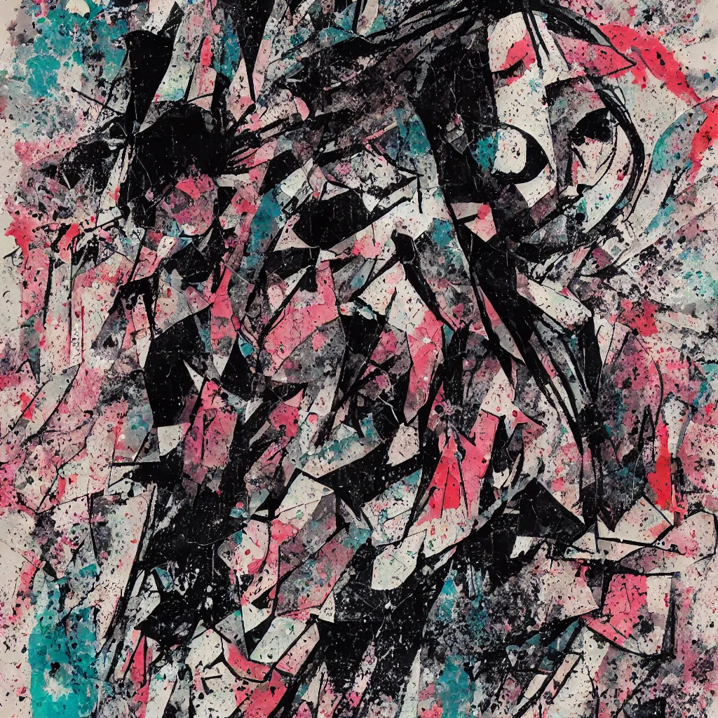 Image similar to girl figure, abstract, jet set radio artwork, ryuta ueda artwork, cryptic, rips, spots, asymmetry, stipple, lines, splotch, color tearing, pitch bending, stripes, dark, ominous, eerie, hearts, minimal, points, technical, old painting, natsumi mukai artwrok, folds