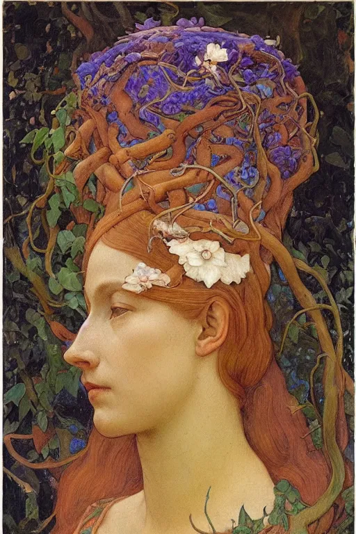 Image similar to queen of the springtime with leaves and vines growing from her, by Annie Swynnerton and Nicholas Roerich and jean delville, dramatic cinematic lighting , ornate headdress , flowing robes, lost civilizations, smooth, sharp focus, extremely detailed