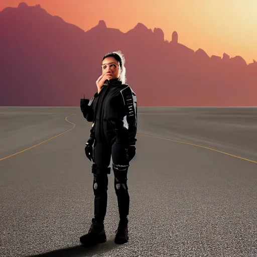 Image similar to photograph of a techwear woman, closeup, on a desert road with a futuristic city in the horizon, one point perspective, long exposure, sigma 85mm f/1.4, 4k, depth of field, high resolution, 4k, 8k, hd, full color