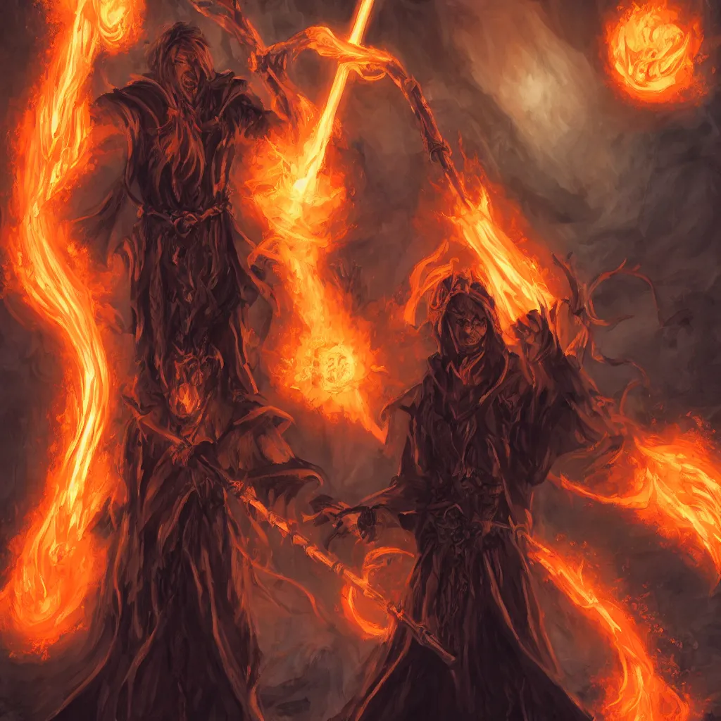 Image similar to dungeons and dragons official art, portrait of a male fire genasi wizard with pitch black skin, bright orange hair, glowing orange eyes, wearing black wizard robes, and holding a wooden staff, smoky barren landscape on the background, official print, character art