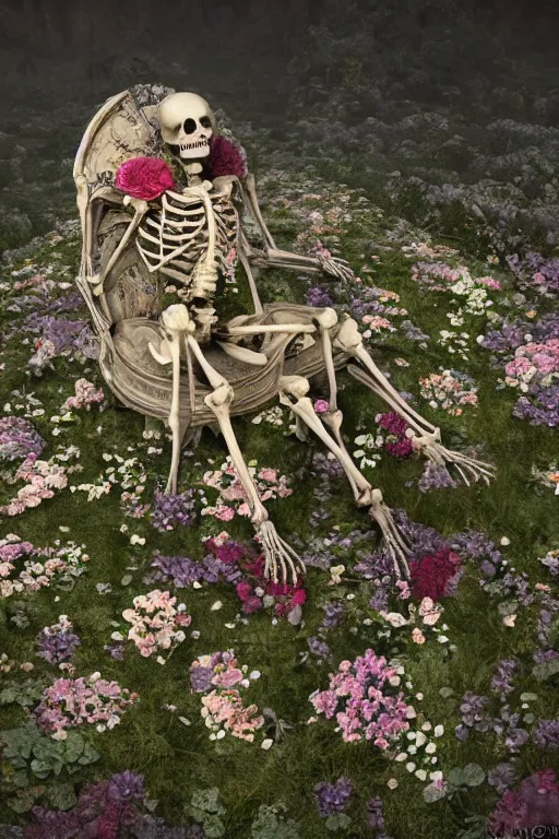 Image similar to a human skeleton full of flowers sitting in a destroyed and ruined throne in a ruined castle at sunrise, concept art, octane render, unreal engine 5, trending on Artstation, high quality, 8K, soft lighting, trending on DeviantArt, highly detailed, digital art, hyperrealistic, path traced, godrays, complementary colors, natural lighting, anatomically correct, five fingers