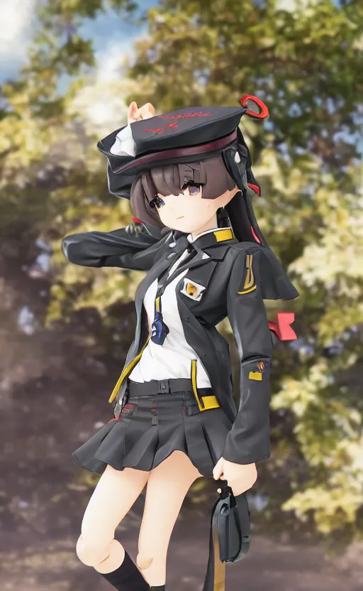 Image similar to toy, school uniform, portrait of the action figure of a girl, girls frontline style, anime figure, dirt and smoke background, flight squadron insignia, realistic military gear, 70mm lens, round elements, photo taken by professional photographer, character design by shibafu, trending on facebook, symbology, realistic anatomy, 4k resolution, matte, empty hands, realistic military carrier