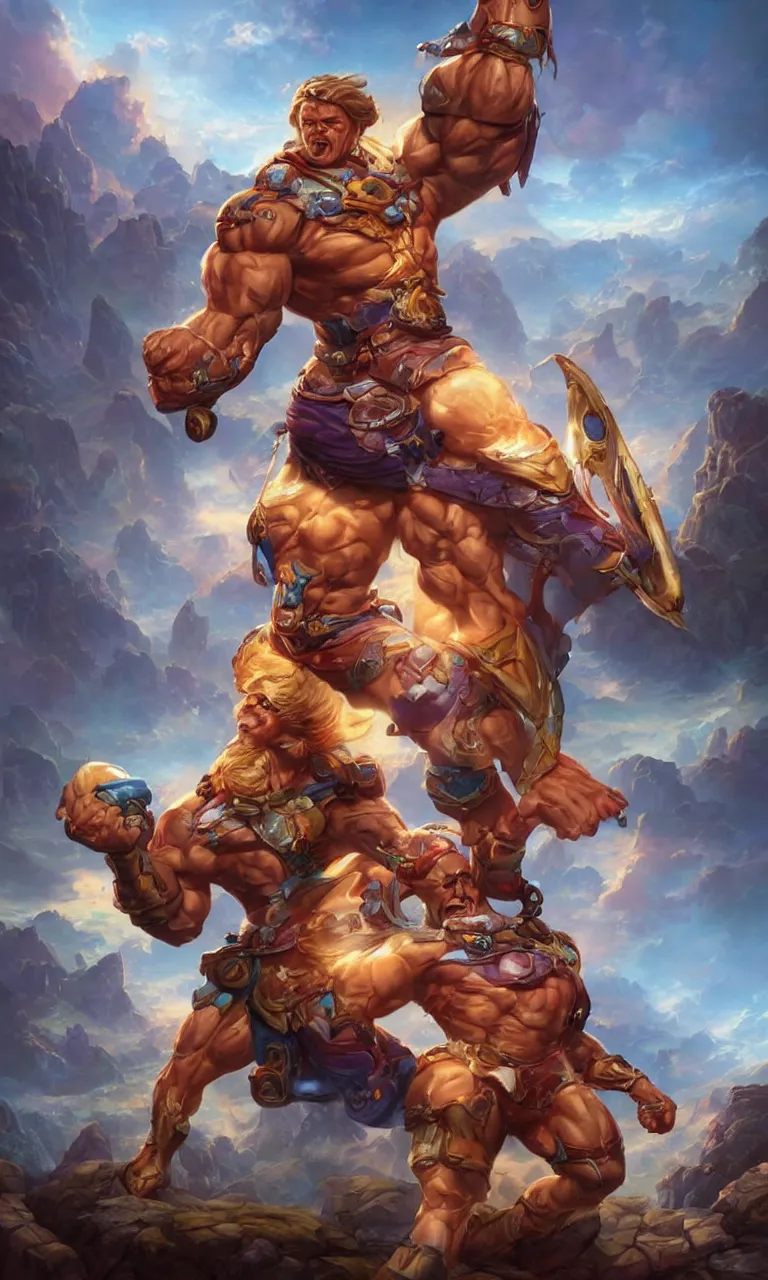 Prompt: hyper realistic digital painting of arnold swartzeneger as hyper muscular heman by peter mohrbacher and thomas kinkade, vivid color scheme, unreal engine 5