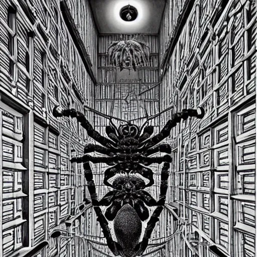 Image similar to a giant spider in a huge bright maze of many doorways and lots of stairs, many doorways, inside MC Escher architecture, artstation, Junji Ito, epic composition