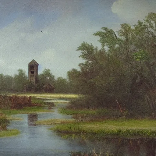 Prompt: 1 9 e century southern gothic scene, old white wooden church in bayou swamps, in louisiana, old painting style claude gellee