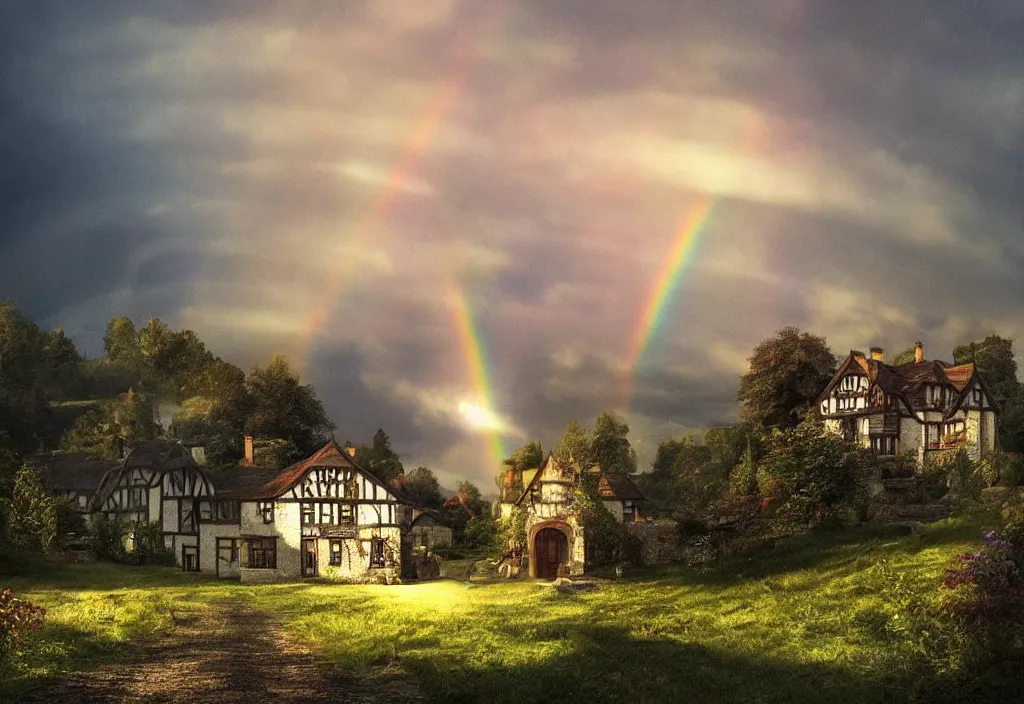 Image similar to a tudor house on a hillside, a gravel path leading towards it, well lit sky, sun shower, rainbow, cinematic view, detailed architecture, concept art, high detail, well lit, volumetric, godrays, vivid, trending on artstation,