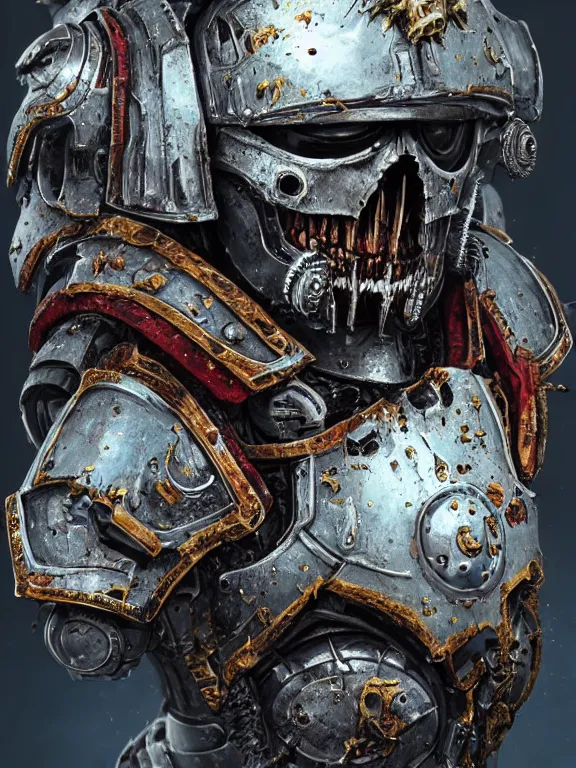 Prompt: portrait art of 8k ultra realistic undead corrupted space marine, smashed glass helmet , detailed intricate ornate armour,decaying, cybernetic, full of colour, cinematic lighting, battered, trending on artstation, 4k, hyperrealistic, focused, extreme details,unreal engine 5, cinematic, masterpiece, art by ayami kojima, giger