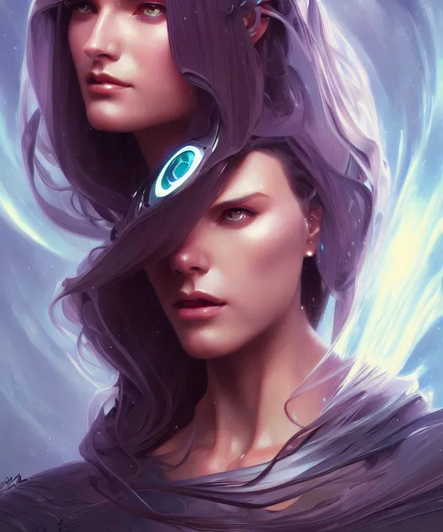 Image similar to futuristic woman portrait, sci-fi, amber eyes, face, long hair, fantasy, intricate, elegant, highly detailed, digital painting, artstation, concept art, smooth, sharp focus, illustration, art by artgerm and greg rutkowski and alphonse mucha