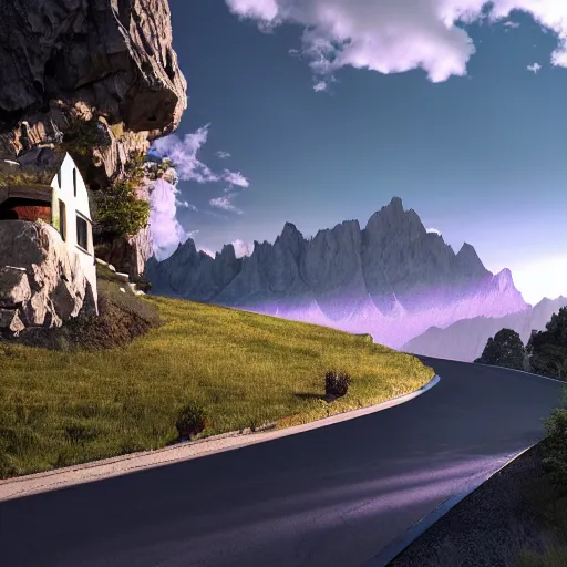 Image similar to alpine landscape with windy road and modern houses designed by frank lloyd wright scattered on the mountainsides, photo realism, dramatic lighting, from a dream, high quality digital art, unreal engine