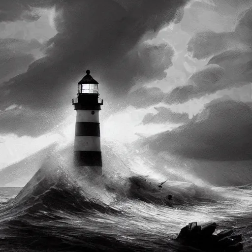 Prompt: lighthouse, ocean, two loons, crashing waves, light, black and white, tattoo art, dramatic lighting, illustration by Greg rutkowski, yoji shinkawa, 4k, digital art, concept art, trending on artstation