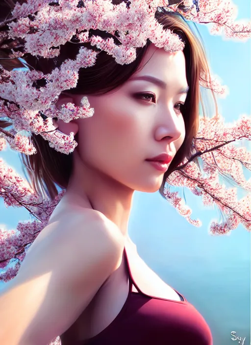 Image similar to photo of a gorgeous female in the style of stefan kostic, realistic, half body shot, sharp focus, 8 k high definition, insanely detailed, intricate, elegant, art by stanley lau and artgerm, extreme blur cherry blossoms