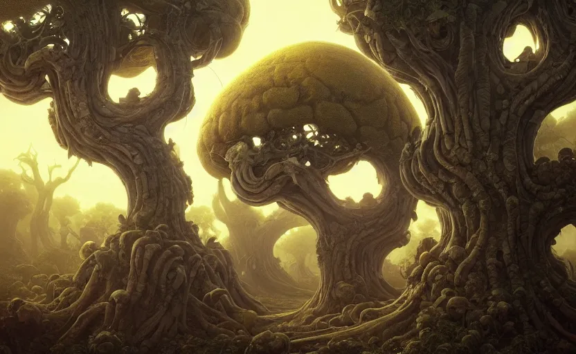 Prompt: a beautiful digital matte painting of giant carved skulls upon whispy trees, by peter mohrbacher and dan mumford and yuuki morita and jesper ejsing, ancient giant skull, carved bone, volumetric lighting, octane render