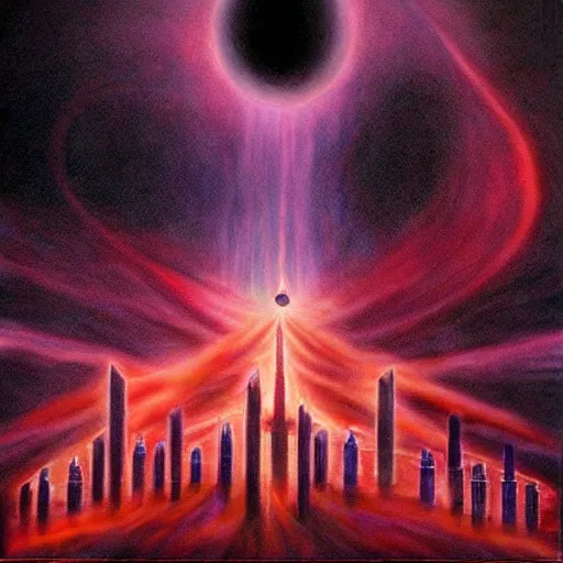 Prompt: red-hooded magicians casting purple colored spells at 911 WTC Twin Towers, white glowing souls flying out of the towers into cosmic black hole sky, beautiful hyper realistic in the style of The Lord of the Rings