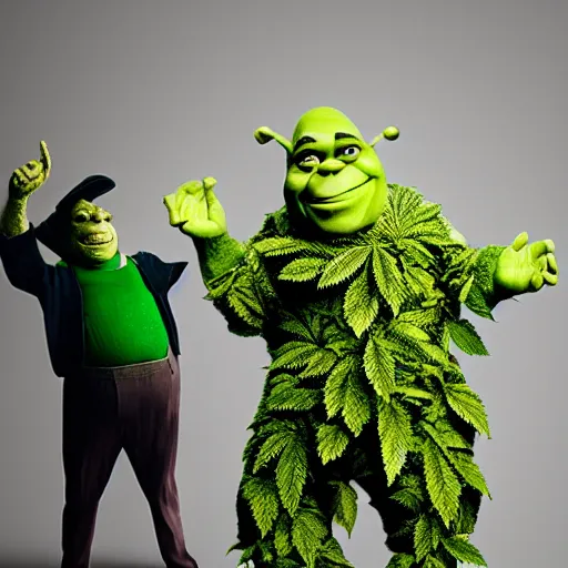 Image similar to Old man dressed in Marijuana leaves, fighting shrek