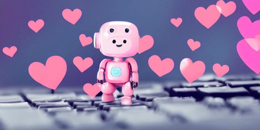 Image similar to a super cute tiny miniature realistic shiny robot typing on a keyboard with a deep blue fiber optical network in the background and lots of cute pink hearts floating around the realistic picture