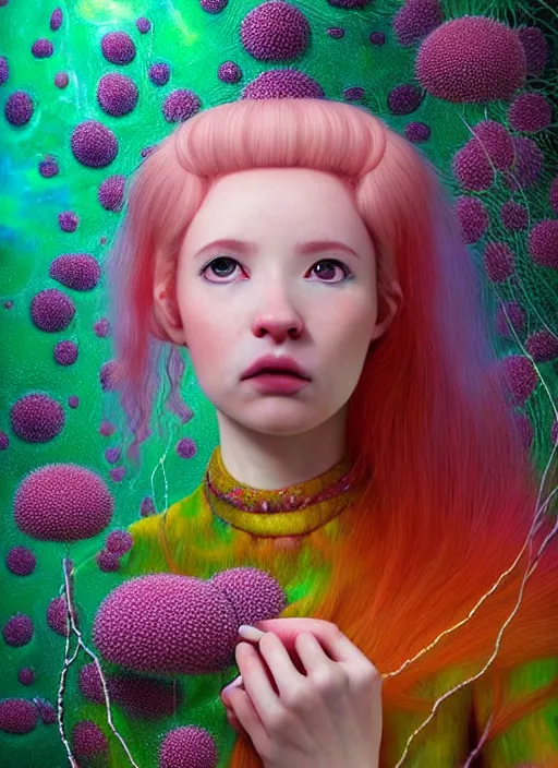 Image similar to hyper detailed 3d render like a Oil painting - kawaii portrait Aurora (coral haired Singer Ferret) seen Eating of the Strangling network of yellowcake aerochrome and milky Fruit and Her delicate Hands hold of gossamer polyp blossoms bring iridescent fungal flowers whose spores black the foolish stars by Jacek Yerka, Mariusz Lewandowski, Houdini algorithmic generative render, Abstract brush strokes, Masterpiece, Edward Hopper and James Gilleard, Zdzislaw Beksinski, Mark Ryden, Wolfgang Lettl, hints of Yayoi Kasuma, octane render, 8k