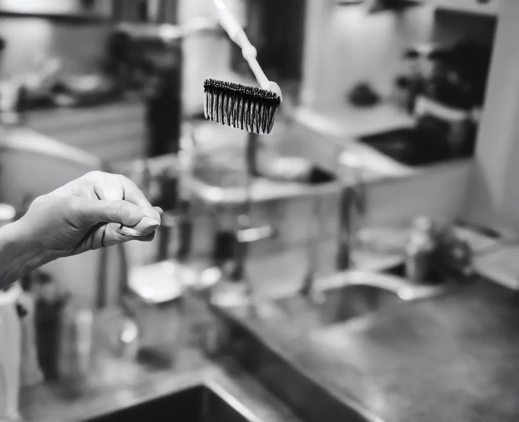 Image similar to first person point of view of a woman holding a tooth brush in front of kitchen sink