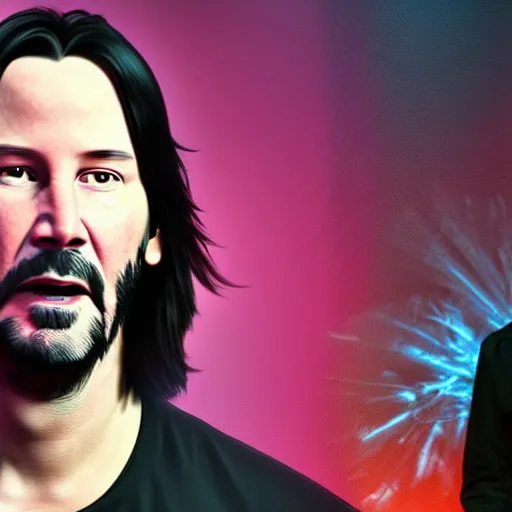 Image similar to keanu reeves breaking up with keanu reeves in front of a crowd of keanu reeves in the gym in hawkins because he ate too many crayons in his youth, in the style of james jean jamie hewlett, artstation trending, 8 k, 3 d render, photorealistic, volumetric lighting caustics, pink