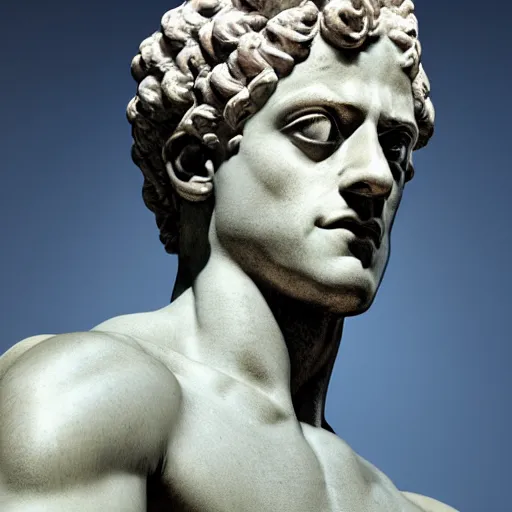 Image similar to rami malek as marble statue of ancient roman emperor, created by michelangelo, museum photoshot, 3 d photorealistic render, high resolution, 8 k