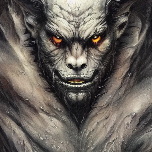 Image similar to werewolf lycanthrope monster makeup grinning grimpunk vile reprobate jason statham portrait portrait Wolfman Wolfman Fenrir with tombow jonas de ro odd nerdrum greg rutkowski frank frazetta alexandre briclot Dave Dorman splatterpaint