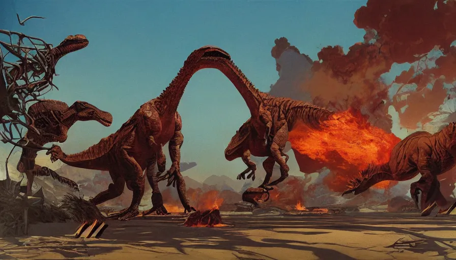 Prompt: the impact that destroyed the dinosaurs by syd mead and moebius, hyperrealistic, dinosaurs scorched