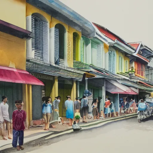 Image similar to singapore katong shophouses street scene, highly detailed, contemporary watercolor, smooth, by joseph zbikowicz, 8 k