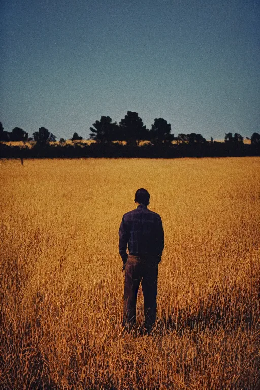 Prompt: kodak ultramax 4 0 0 photograph of a guy standing in a field of fire, back view, grain, faded effect, vintage aesthetic,