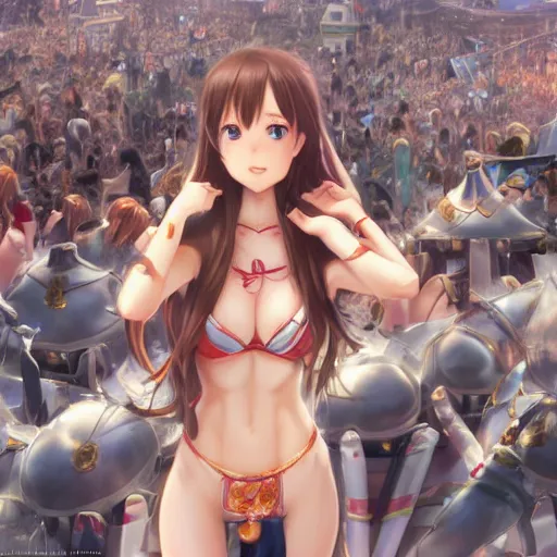 Image similar to seen from above : a giant macro very beautiful young yuuki asuna, full body, long wavy hair, sky blue eyes, full round face, bikini, miniskirt, standing in the middle of a miniature crowd, cinematic wallpaper by stanley artgerm lau