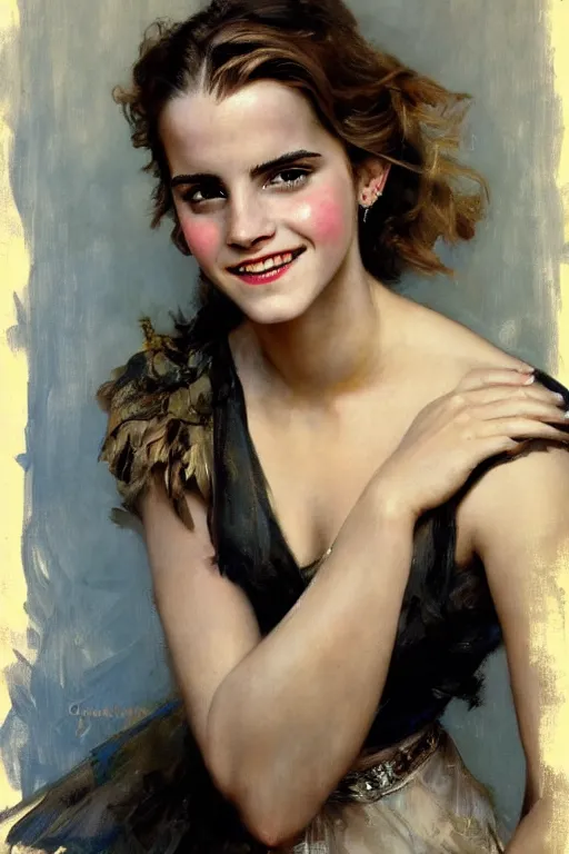 Image similar to emma watson smiling detailed portrait painting by gaston bussiere craig mullins j. c. leyendecker photograph by richard avedon peter lindbergh