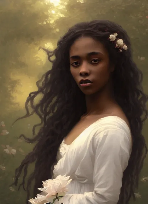 Image similar to oil painting close up portrait of a contemplative young black woman with long dark flowing hair in a white dress, surrounded by white roses!! at sunset, hazy, digital art, chiaroscuro, artstation, cinematic, golden hour, digital art painting by greg rutkowski, william - adolphe bouguereau, hazy atmosphere, cinematic lighting