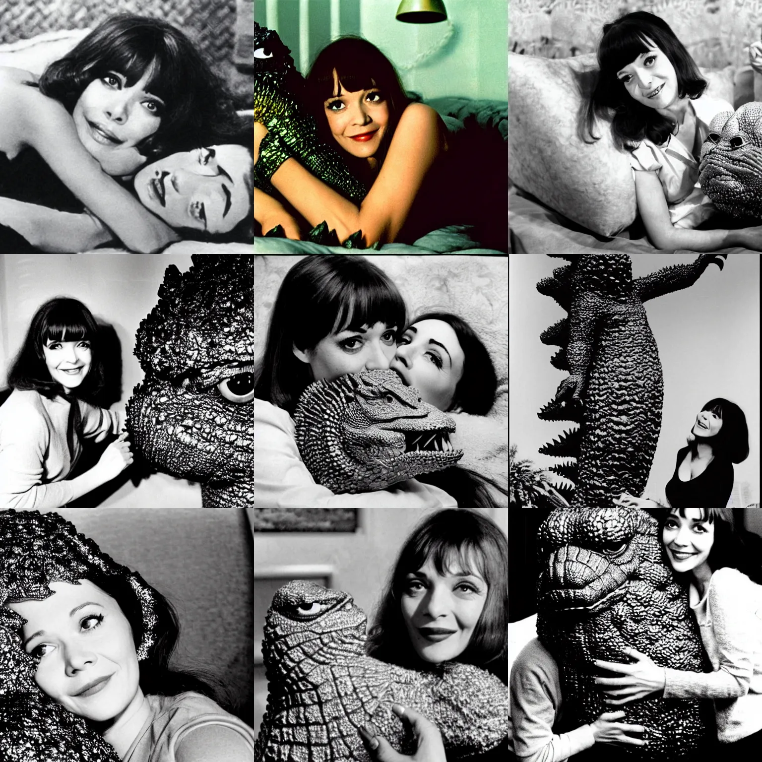 Prompt: anna karina in a bed with godzilla. godzilla is a big monster with scales. close up of anna karina cuddling the very large head of godzilla with scales