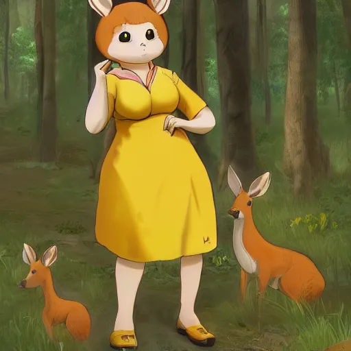 Image similar to concept art painting of an anthropomorphic chubby doe wearing yellow dress, in the deep forest, realistic, detailed, cel shaded, in the style of makoto shinkai and greg rutkowski and james gurney