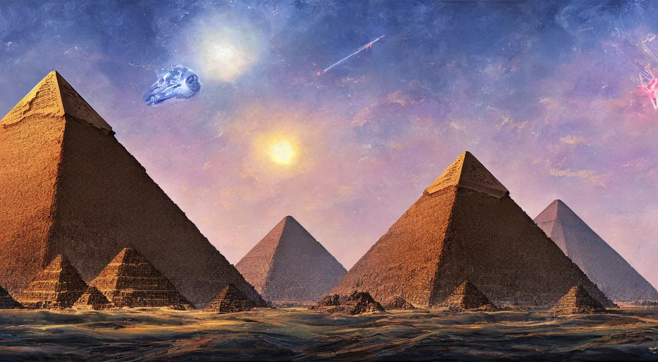 Image similar to Stunning painting of A Great Pyramid of the Future by concept art,Retro colour,hyper detailed,4K Resolution