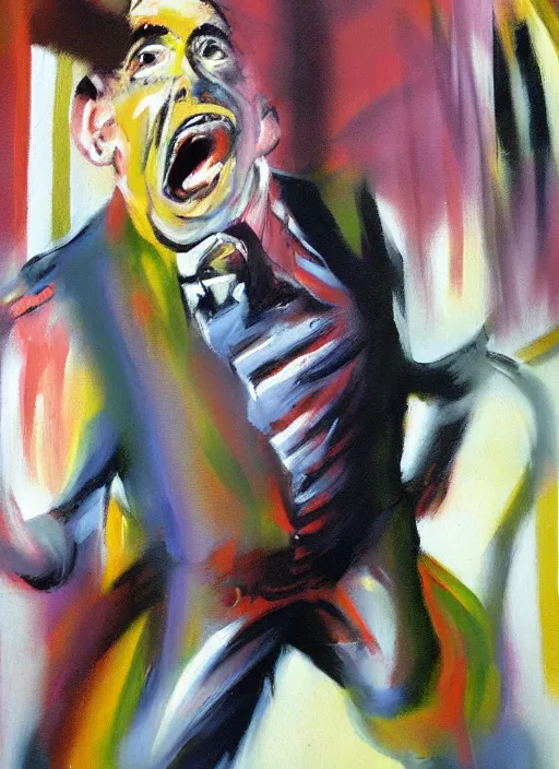 Image similar to saul goodman, screaming, painting by sir francis bacon,'action lines '!!!, graphic style, visible brushstrokes, motion blur, blurry