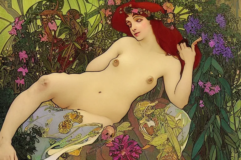 Image similar to “the goddess BABALON laying on her side; surrounded by exotic jungle flowers and parrots. In the art style of Alphonse mucha and rutkowski.”