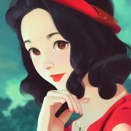 Image similar to portrait of a beautiful girl with dark hair dressed in 1940's fashion, park background, rich vivid colors, ambient lighting, dynamic lighting, 4k, official media, anime key visual, makoto shinkai, ilya kuvshinov, lois van baarle, rossdraws, detailed, trending on artstation