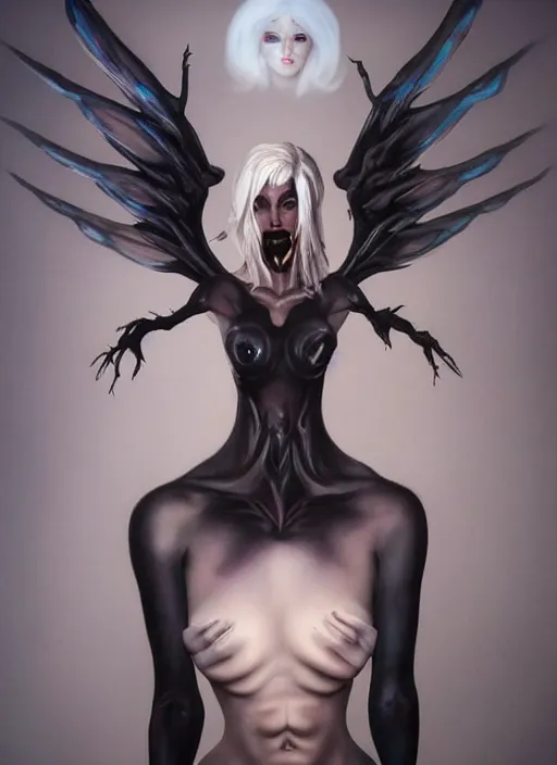 Image similar to dark full body painting of mercy from overwatch, in style of zdzisław beksinski, scary, horror, 4 k, feminine facial features, overwatch mercy character, horror, body horror, disturbing, detailed face, dressed in dark garment, black tendrils, tall,