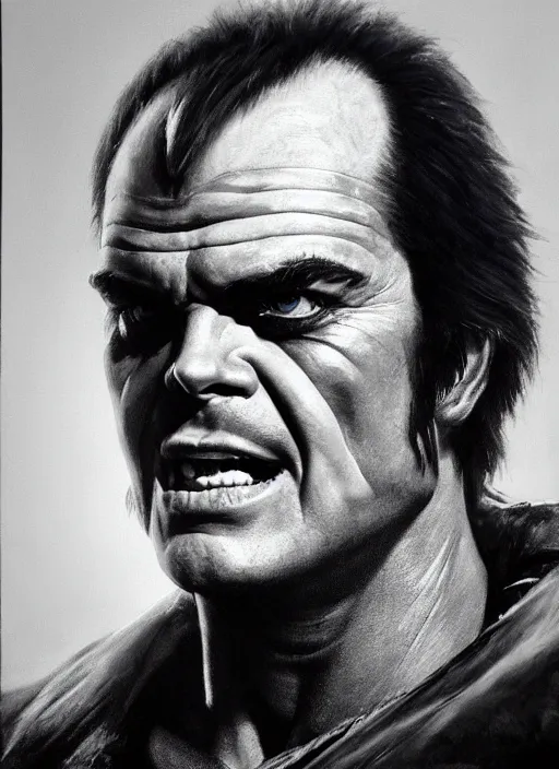 Prompt: portrait of young 1 9 8 0 s jack nicholson as a scheming warlord character in mad max 2 : the road warrior, film still, detailed realism face in painting, detailed beautiful portrait, oil painting masterpiece, 8 k resolution, smooth, sharp focus, trending on artstation, by rembrandt