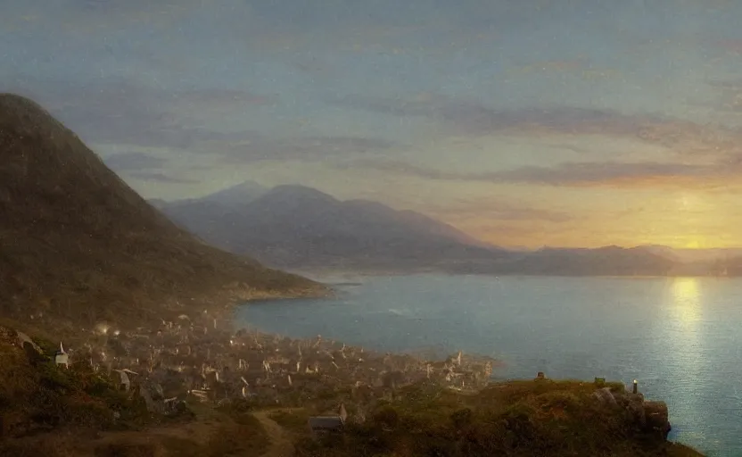 Prompt: small cozy town on a hill overlooking the ocean, close up shot, at dusk, distant mountains, 4k, rule of thirds, extreme detail, hazy water, intricate ink illustration, trending on artstation, cgsociety, hd, calm, complimentary colours, realistic lighting, by Albert Bierstadt, Frederic Edwin Church.