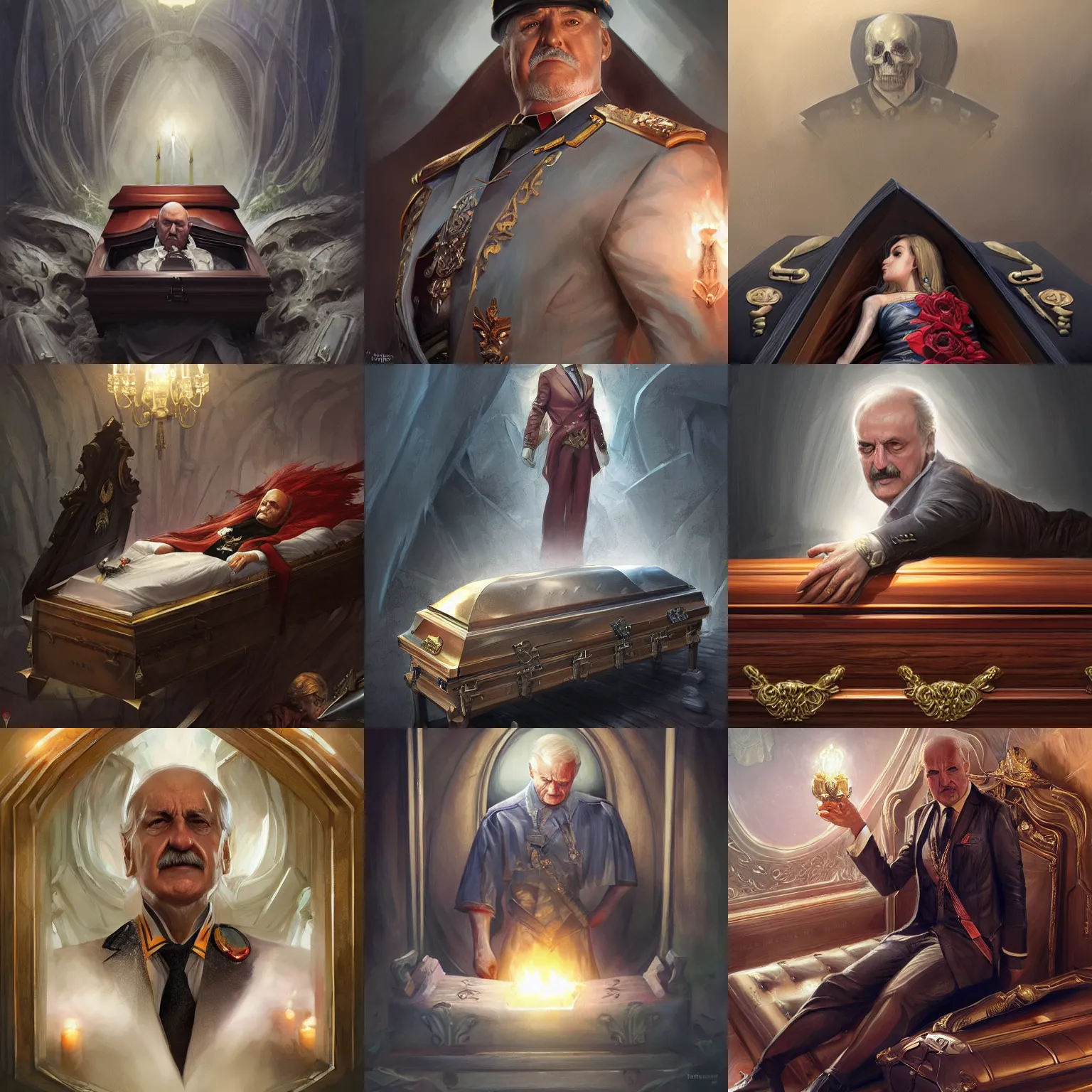 Prompt: lukashenko lies in a coffin, death, funeral, portrait, highly detailed, full body, digital painting, trending on artstation, sharp focus, illustration, art by artgerm and greg rutkowski and magali villeneuve