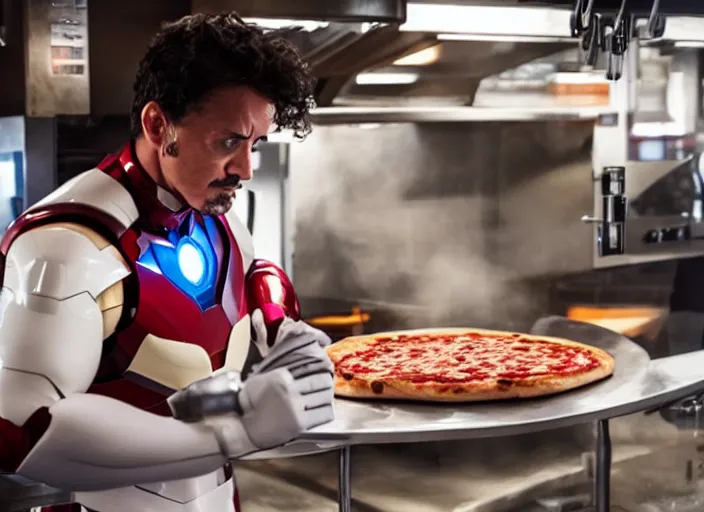 Image similar to film still of Ironman working in a pizza parlor making pizza in the new Avengers movie, 4k