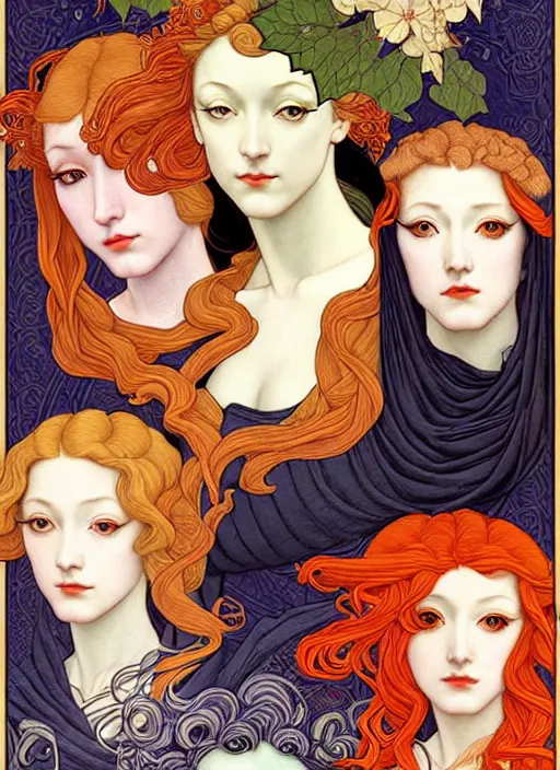 Image similar to 4 Muses symbolically representing Spring, Summer, Winter and Autumn, in a style blending Æon Flux, Peter Chung, Shepard Fairey, Botticelli, Ivan Bilibin, and John Singer Sargent, inspired by pre-raphaelite paintings, shoujo manga, and cool Japanese street fashion, dramatic autumn landscape, leaves falling, deep vivid tones, hyper detailed, super fine inking lines, ethereal and otherworldly, 4K extremely photorealistic, Arnold render